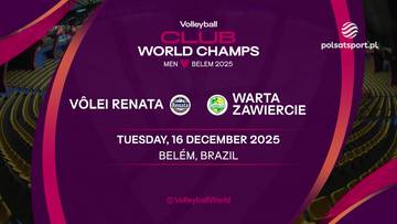 Grafika informująca o meczu siatk&oacute;wki między V&ocirc;lei Renata a Warta Zawiercie w ramach Volleyball Club World Champs Men, kt&oacute;ry odbędzie się 16 grudnia 2025 roku w Bel&eacute;m w Brazylii.