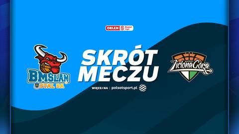 Logo "BMSlam Stal Ostr&oacute;w Wielkopolski" przedstawiające byka z rogami i płomieniami wok&oacute;ł głowy, obok napis "SKR&Oacute;T MECZU" oraz logo "Zastal Zielona G&oacute;ra".