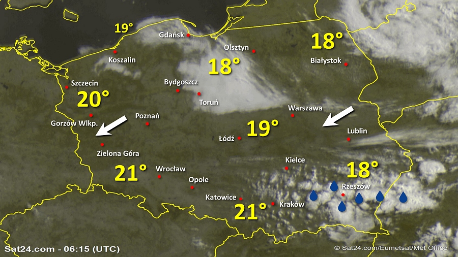 Zdjęcie satelitarne Polski w dniu 26 lipca 2019 o godzinie 8:15. Dane: Sat24.com / Eumetsat.