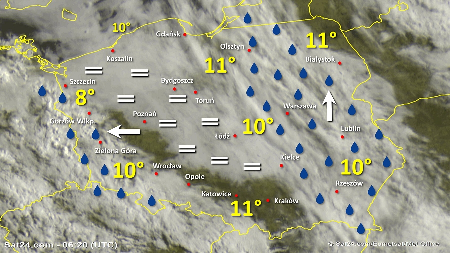 Zdjęcie satelitarne Polski w dniu 10 maja 2019 o godzinie 8:20. Dane: Sat24.com / Eumetsat.