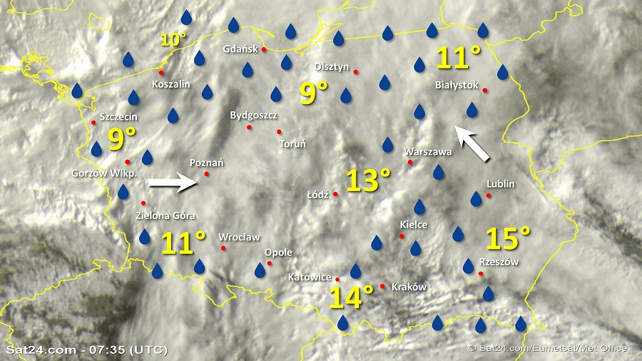 Zdjęcie satelitarne Polski w dniu 4 listopada 2019 o godzinie 8:35. Dane: Sat24.com / Eumetsat.