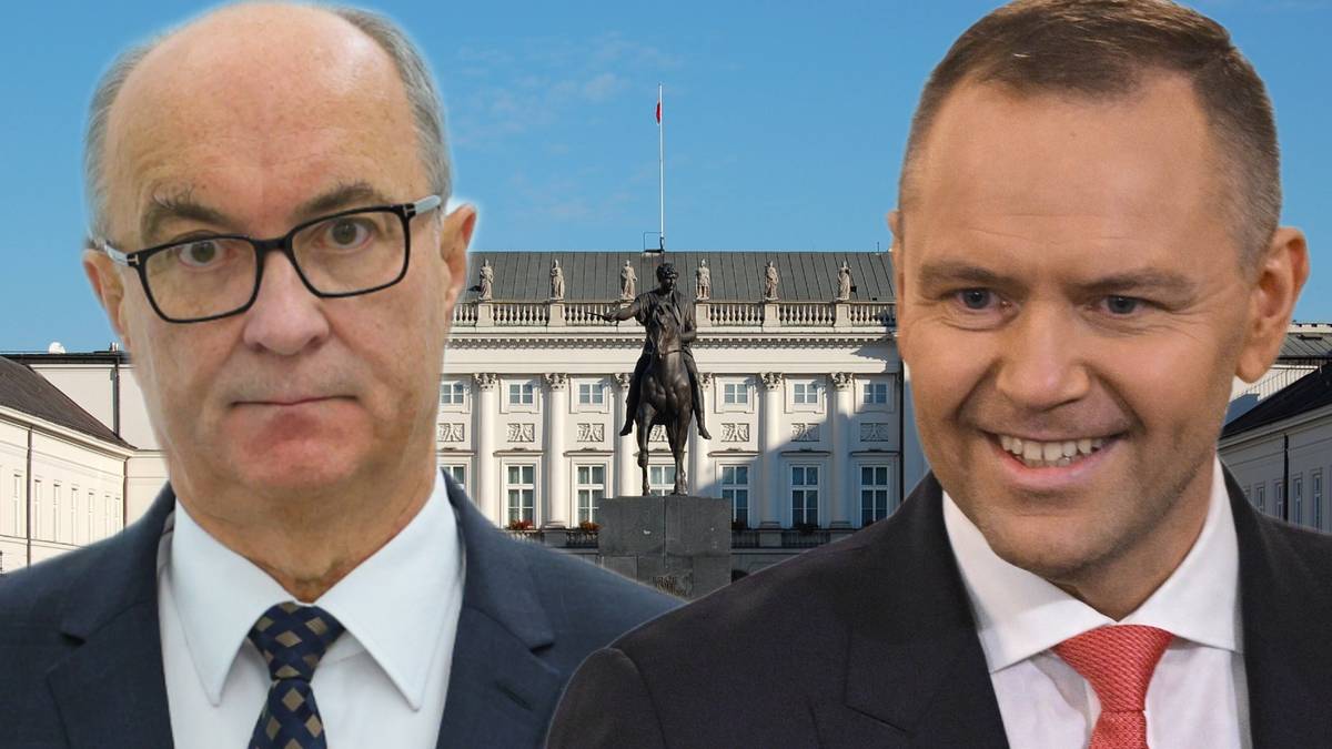 Dwaj mężczyźni na tle Pałacu Prezydenckiego.