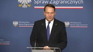 Polski minister spraw zagranicznych Radosław Sikorski przemawia przy m&oacute;wnicy.