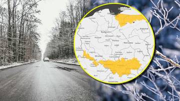 Mapa Polski z zaznaczonymi ostrzeżeniami meteorologicznymi, obok zimowy krajobraz z ośnieżoną drogą.