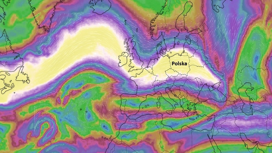 Prognoza prędkości wiatru na wysokości 10-12 kilometrów. Fot. Windy.com
