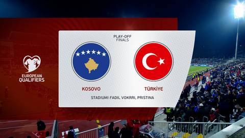 Grafika przedstawiająca herby Kosowa i Turcji z nazwami państw i informacją o meczu "PLAY-OFF FINALS" w ramach "EUROPEAN QUALIFIERS".