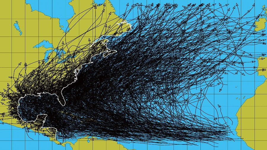Ścieżki atlantyckich cyklonów tropikalnych i huraganów w latach 1851-2018. Fot. NOAA.