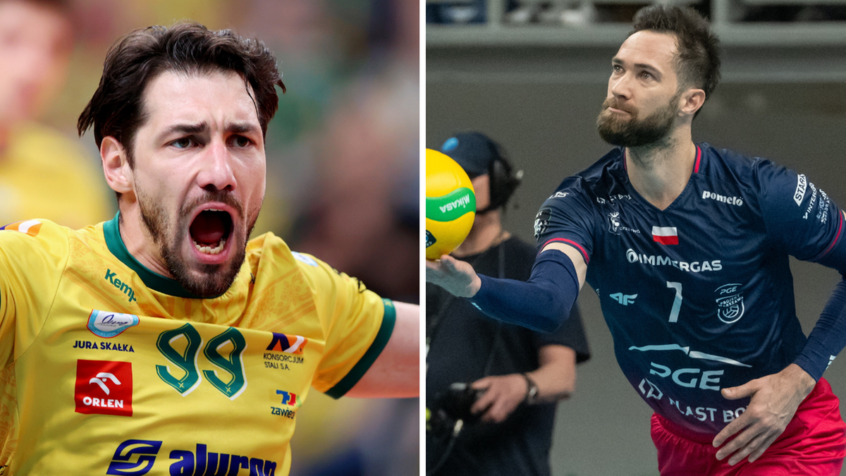 Dwóch siatkarzy w akcji, jeden w żółtej koszulce, drugi w niebiesko-białej