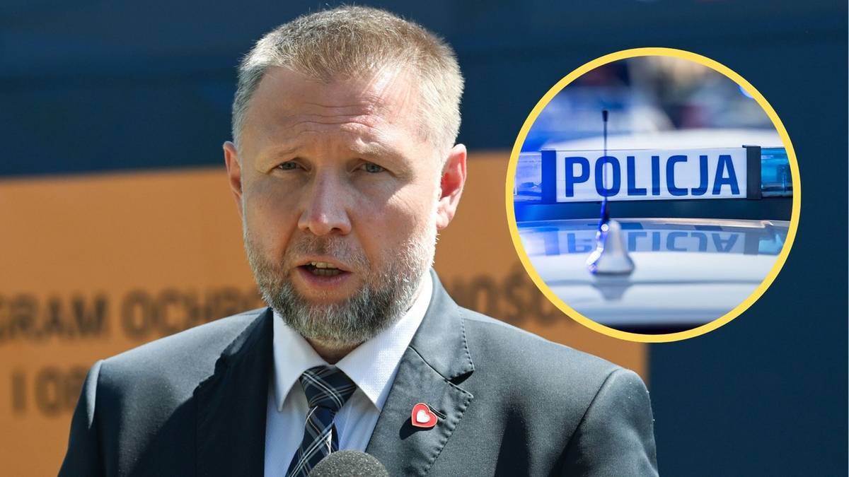 Portret mężczyzny w garniturze z zarostem, obok okrągły symbol z napisem POLICJA na niebieskim tle.