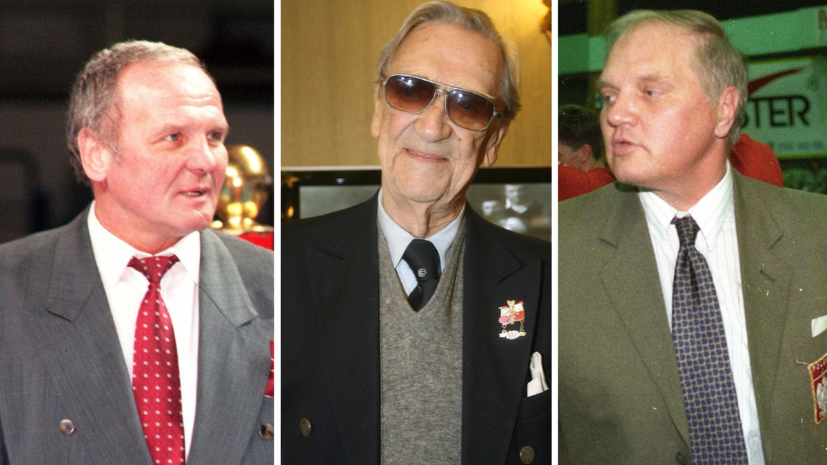 Trzy portretowe zdjęcia mężczyzn w eleganckich strojach. Pierwszy od lewej to starszy mężczyzna w garniturze i krawacie, lekko się uśmiecha. W środku starszy mężczyzna w okularach przeciwsłonecznych, marynarce i swetrze. Po prawej mężczyzna w garniturze i krawacie.