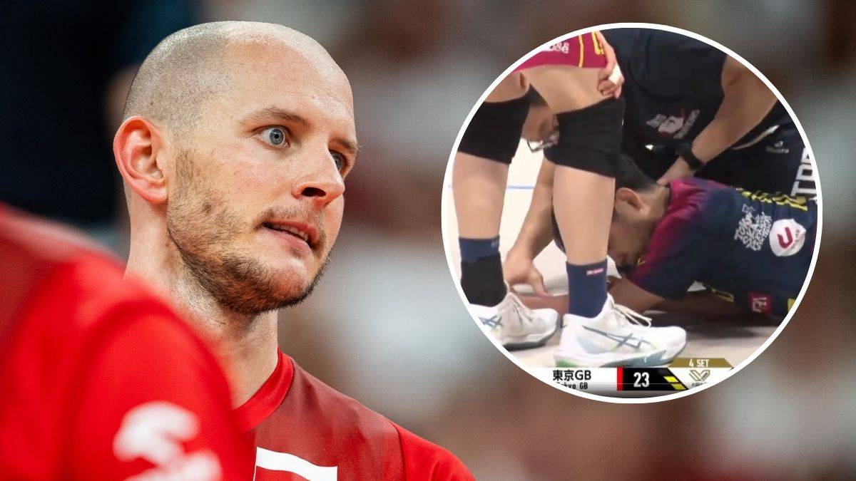 Siatkarz z lodem na oczach po trafieniu piłką w twarz podczas meczu ligi japońskiej.