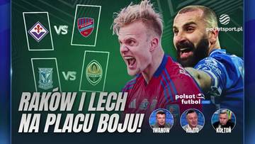 Grafika przedstawiająca dw&oacute;ch piłkarzy w zbliżeniu, z symbolami klub&oacute;w piłkarskich i hasłem "Rak&oacute;w i Lech na placu boju!".