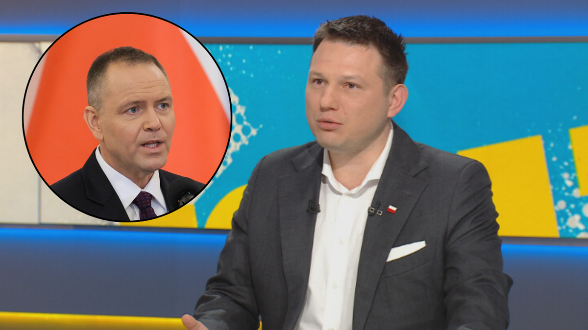 Sławomir Mentzen wypowiada się w studiu telewizyjnym, obok niego znajduje się mniejsze zdjęcie Karola Nawrockiego.