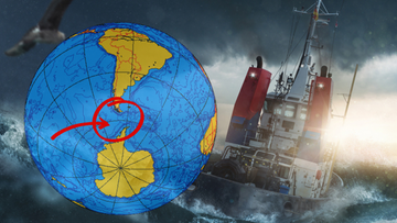 Mapa świata pokazująca Cieśninę Drake'a między Ameryką Południową a Antarktydą, z zaznaczonym obszarem i statkiem na wzburzonym morzu.