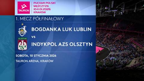 Grafika zapowiadająca mecz p&oacute;łfinałowy Pucharu Polski w siatk&oacute;wce: Bogdanka LUK Lublin vs Indykpol AZS Olsztyn, kt&oacute;ry odbędzie się 10 stycznia 2026 roku w Tauron Arenie w Krakowie.