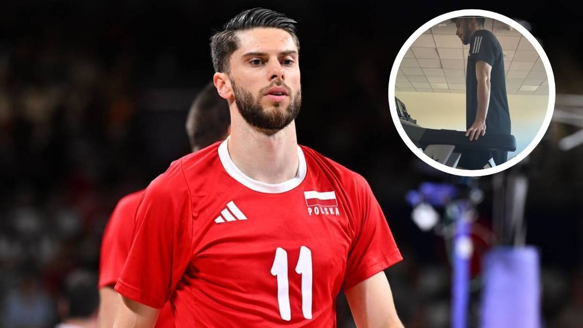 Portret siatkarza Aleksandra Śliwki w czerwonej koszulce z numerem 11. Obok znajduje się okrągłe okno z mniejszym zdjęciem tego samego siatkarza ćwiczącego na bieżni.