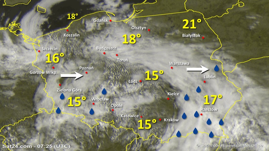 Zdjęcie satelitarne Polski w dniu 17 lipca 2020 o godzinie 9:25. Dane: Sat24.com / Eumetsat.