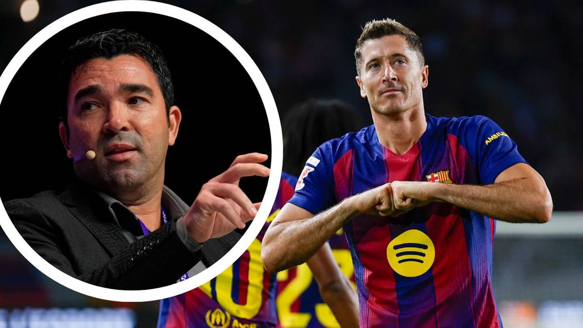 Robert Lewandowski w stroju FC Barcelony, obok zdjęcie Deco.