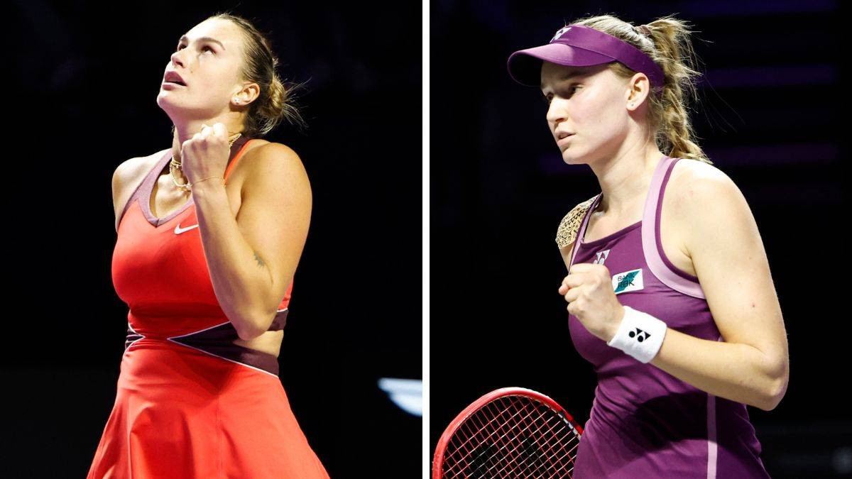 Aryna Sabalenka i Jelena Rybakina w akcji podczas meczu tenisowego.