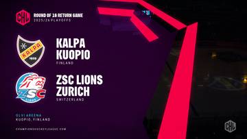 Logo KalPa Kuopio i ZSC Lions Zurych, nazwy drużyn, kraje pochodzenia i informacja o meczu Champions Hockey League.