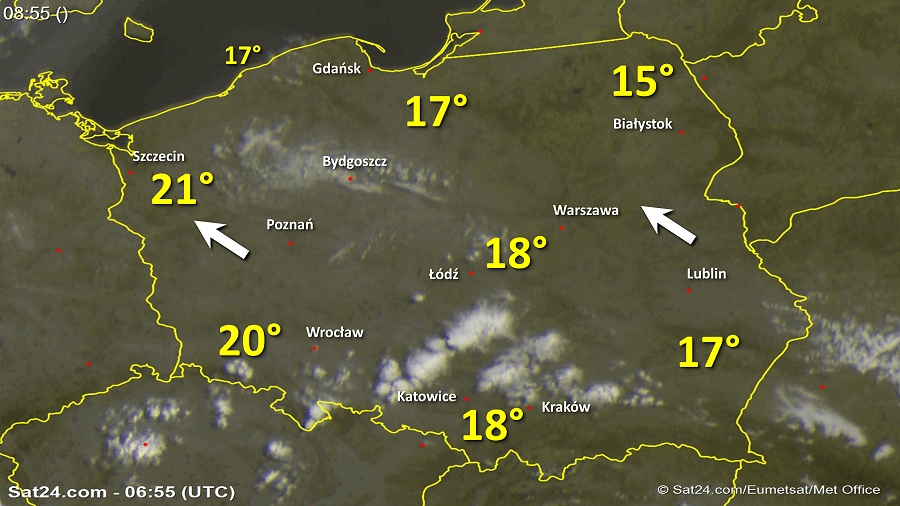 Zdjęcie satelitarne Polski w dniu 23 sierpnia 2018 o godzinie 8:55. Dane: Sat24.com / Eumetsat.