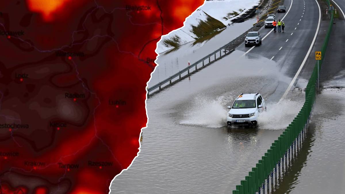 Zdjęcie przedstawia połączenie dwóch obrazów: z lewej strony widoczna jest mapa cieplna z dominującymi gorącymi, czerwonymi barwami, sugerująca wysokie temperatury; z prawej strony znajduje się zdjęcie drogi szybkiego ruchu zalanego wodą, przez którą przejeżdża biały samochód.