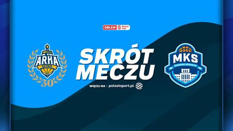 Logotypy drużyn AMW Arka Gdynia i MKS Dąbrowa G&oacute;rnicza, z napisem "SKR&Oacute;T MECZU" pomiędzy nimi.