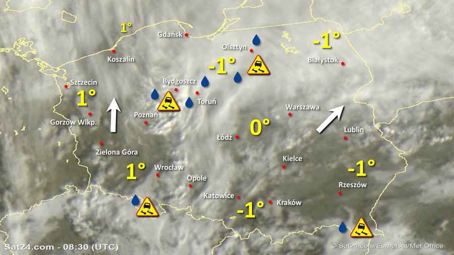 Zdjęcie satelitarne Polski w dniu 27 stycznia 2020 o godzinie 9:30. Dane: Sat24.com / Eumetsat.