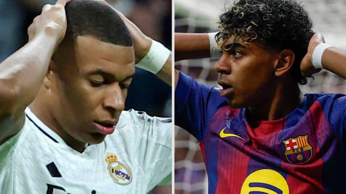 Dw&oacute;ch piłkarzy, Kylian Mbappe i Lamine Yamal, trzymających się za głowy w geście frustracji lub b&oacute;lu.
