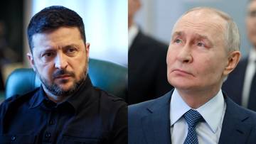 Zestawienie dw&oacute;ch zdjęć: po lewej Wołodymyr Zełenski, prezydent Ukrainy, w czarnej koszuli. Po prawej Władimir Putin, prezydent Rosji, w granatowym garniturze i z niebieskim krawatem.