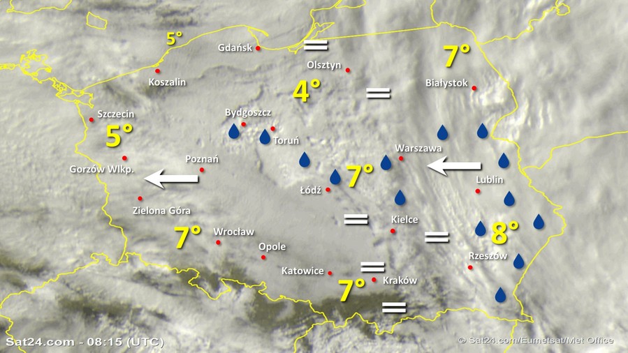 Zdjęcie satelitarne Polski w dniu 15 listopada 2019 o godzinie 9:15. Dane: Sat24.com / Eumetsat.