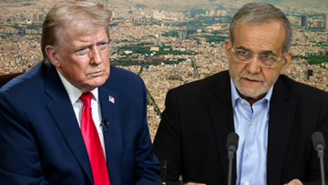 Donald Trump i irański polityk na tle Teheranu