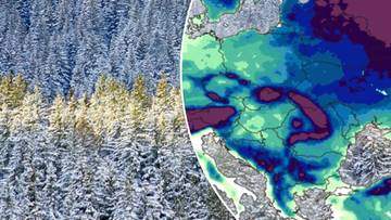Fragment lasu iglastego pokryty śniegiem po lewej stronie, po prawej mapa Europy z zaznaczonymi obszarami o różnych temperaturach, w odcieniach niebieskiego i zielonego.