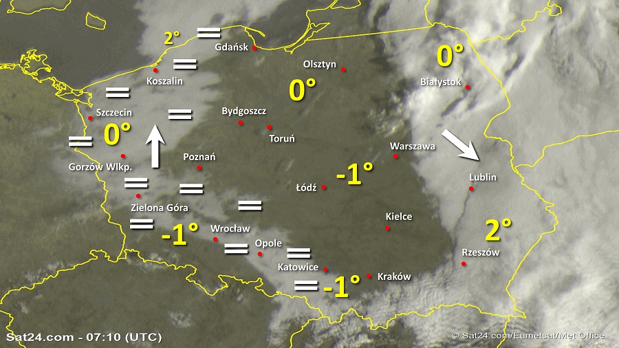 Zdjęcie satelitarne Polski w dniu 27 lutego 2019 o godzinie 8:10. Dane: Sat24.com / Eumetsat.