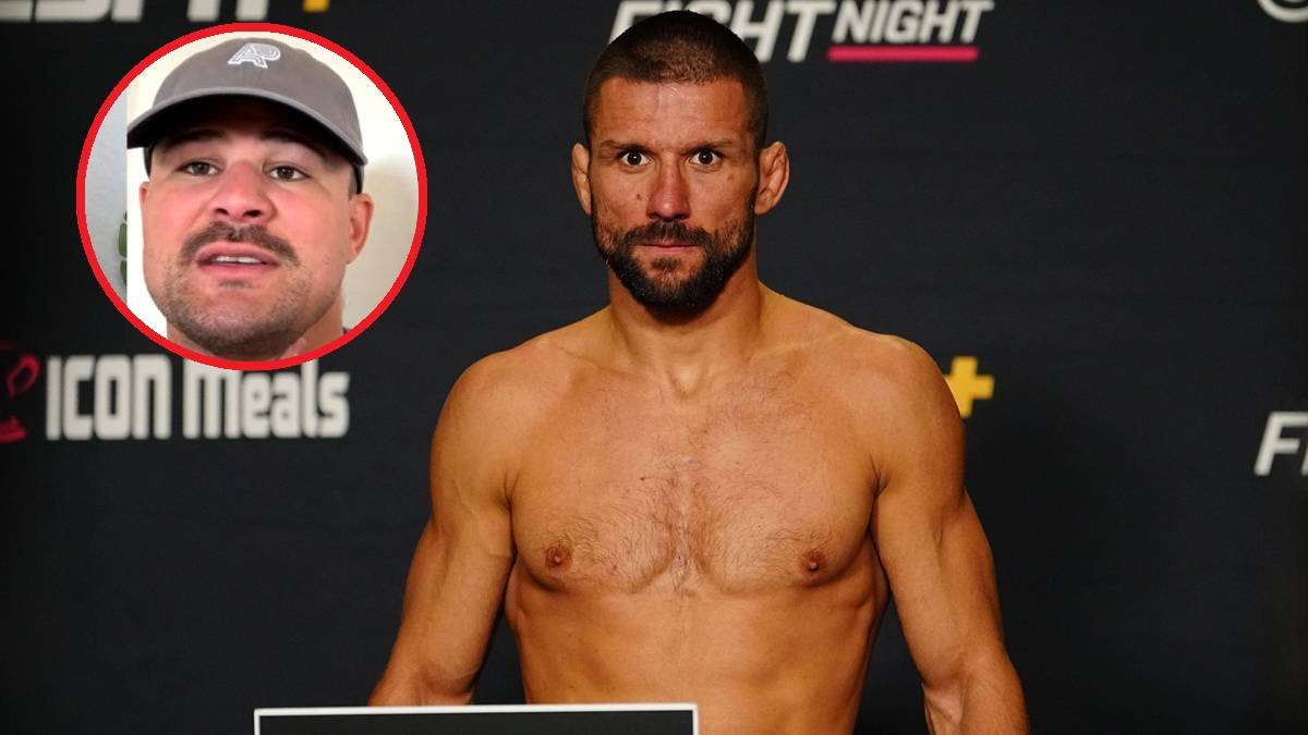 Portret zawodnika MMA z kr&oacute;tką brodą i przystrzyżonymi włosami na ciemnym tle z logo UFC, w rogu mniejszy portret mężczyzny w czapce z daszkiem.