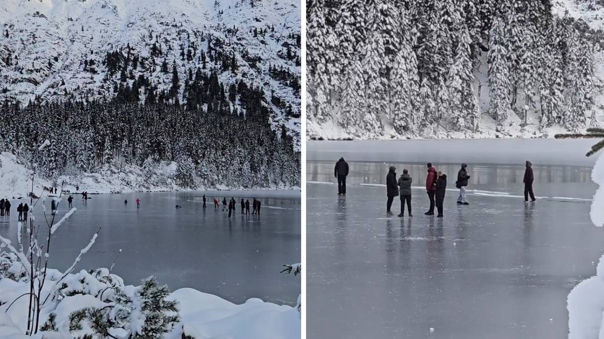 Ludzie spacerujący i bawiący się na cienkiej warstwie lodu na zamarzniętym Morskim Oku w Tatrach, otoczeni ośnieżonymi g&oacute;rami i lasem.