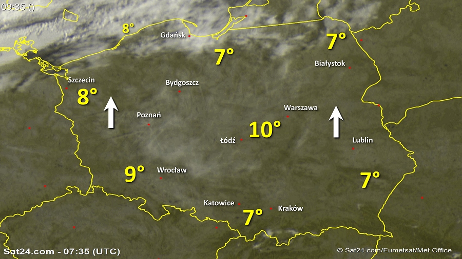 Zdjęcie satelitarne Polski w dniu 30 września 2018 o godzinie 9:35. Dane: Sat24.com / Eumetsat.