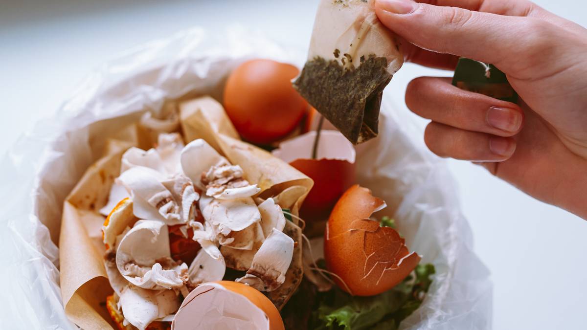 Ręka trzyma torebkę z herbatą nad koszem z odpadami organicznymi, zawierającym skorupki jajek, resztki warzyw i papier.