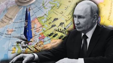 Portret Władimira Putina na tle mapy Europy z zaznaczonymi terenami działań wojennych i flagą NATO.