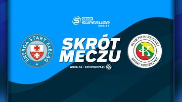 Grafika promocyjna meczu piłki ręcznej kobiet Energa Start Elbląg - KPR Gminy Kobierzyce. Widoczne logotypy obu drużyn oraz napis "SKR&Oacute;T MECZU".