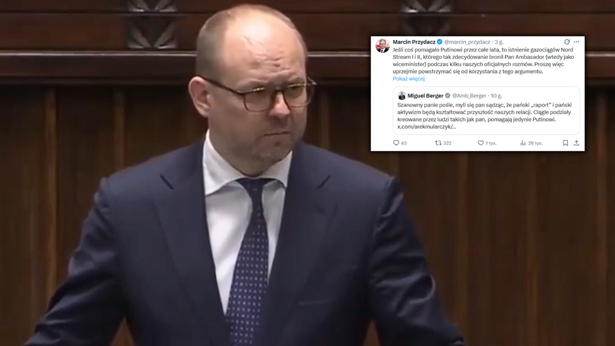 Prezydencki minister Marcin Przydacz przemawia na forum, obok widoczny zrzut ekranu z dyskusją na platformie X z ambasadorem Niemiec.