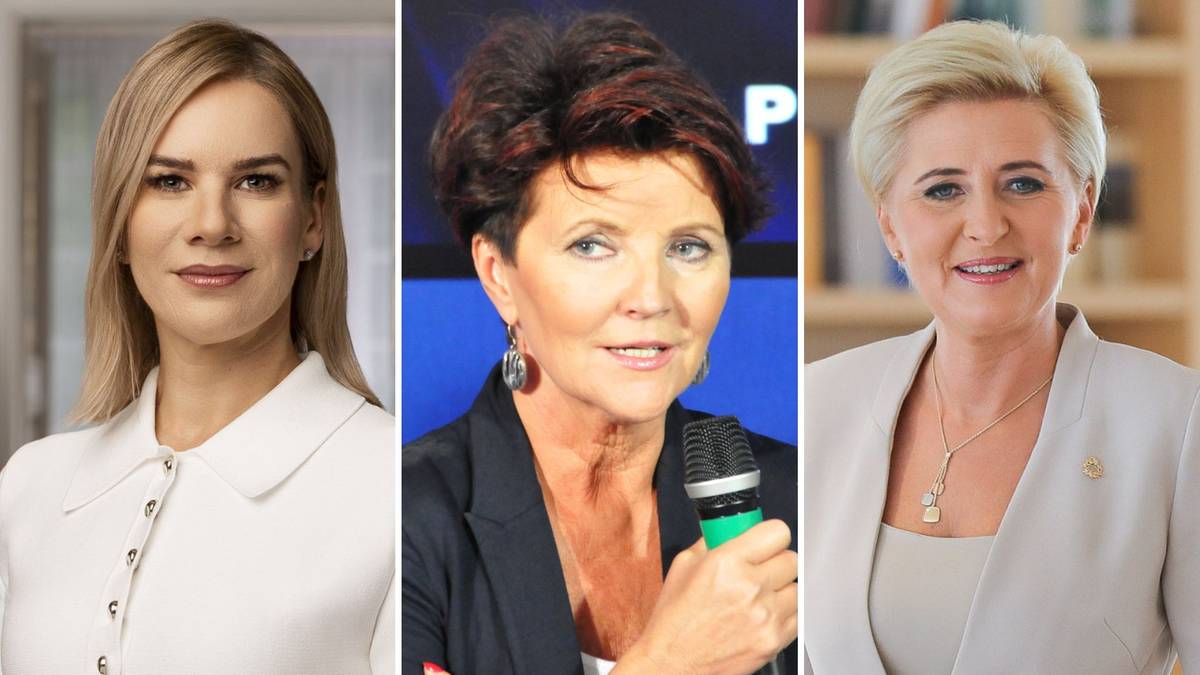 Trzy portrety kobiet: Jolanta Kwaśniewska, Marta Nawrocka i Agata Kornhauser-Duda, zestawione obok siebie.