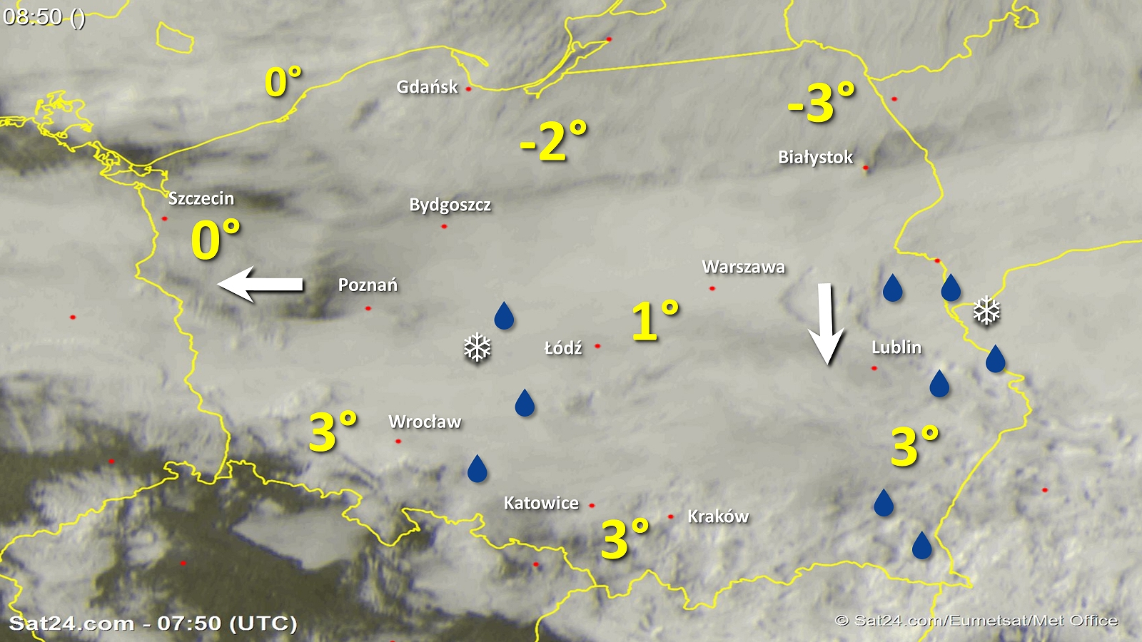 Zdjęcie satelitarne w dniu 15 marca 2018 o godzinie 8:50. Dane: Sat24.com / Eumetsat.