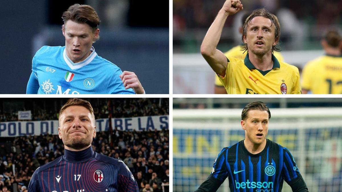 Cztery zdjęcia piłkarzy: Matteo Politano z SSC Napoli, Ante Rebić z AC Milan, Roberto Soriano z Bologny i Nicol&ograve; Barella z Interu Mediolan.