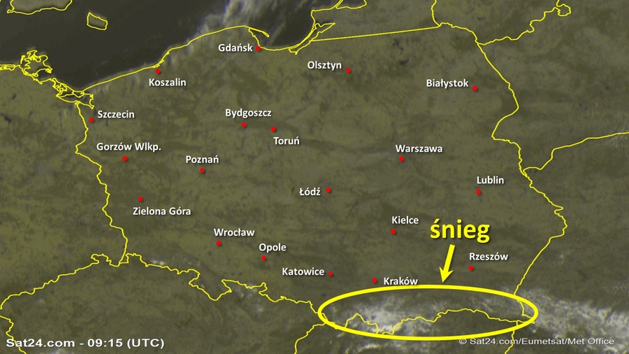 Zdjęcie satelitarne Polski w dniu 24 marca 2020 o godzinie 10:15. Dane: Sat24.com / Eumetsat.