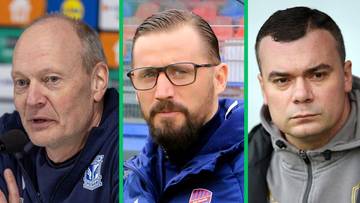 Trzy portrety mężczyzn związanych z polską piłką nożną, przygotowujący się do losowania Ligi Konferencji.