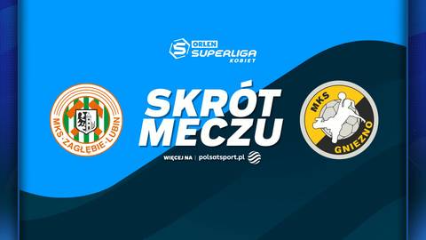 Grafika przedstawiająca logo KGHM Zagłębie Lubin po lewej stronie i logo Enea MKS Gniezno po prawej stronie, z napisem "SKR&Oacute;T MECZU" pośrodku. U g&oacute;ry widnieje logo "ORLEN SUPERLIGA KOBIET".