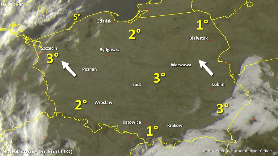 Zdjęcie satelitarne Polski w dniu 1 października 2018 o godzinie 7:55. Dane: Sat24.com / Eumetsat.